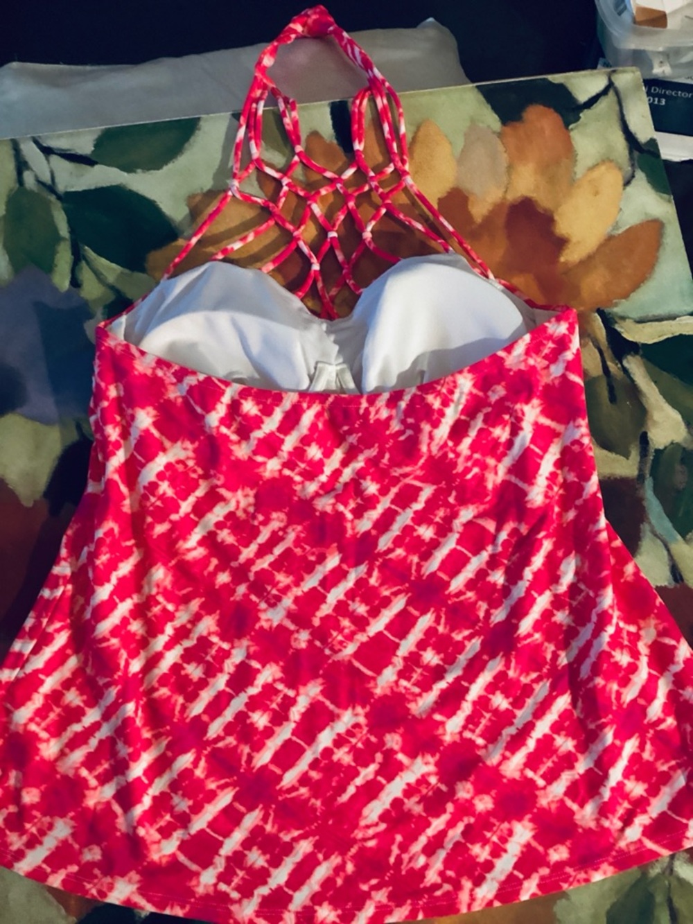 Women’s Pink Tie-Dye Halter Tankini Top with Macramé Neck and Underwire Cups - Picture 4 of 6